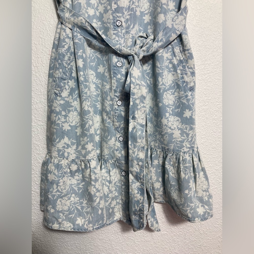 Velvet Heart floral light wash denim chambray shirt dress drop waist belt ruffle - Picture 7 of 10